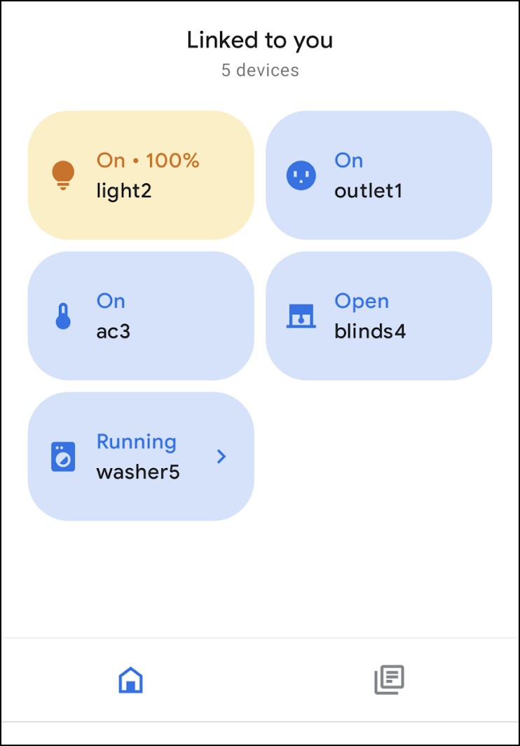 Esta figura mostra a lista de dispositivos padrão que é preenchida quando um usuário
            vincula o Google Home Playground à conta dele.