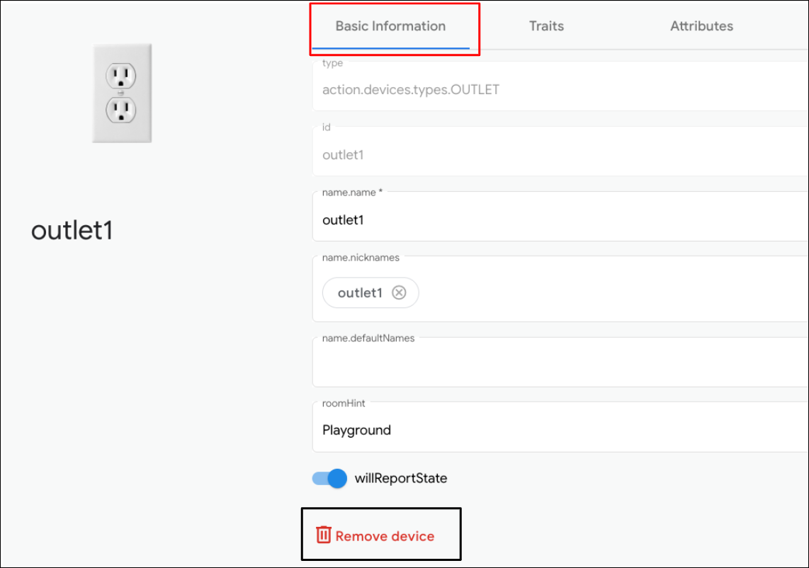 In dieser Abbildung sehen Sie das UX-Tool zum Entfernen eines virtuellen Gerätetyps in Google Home Playground.