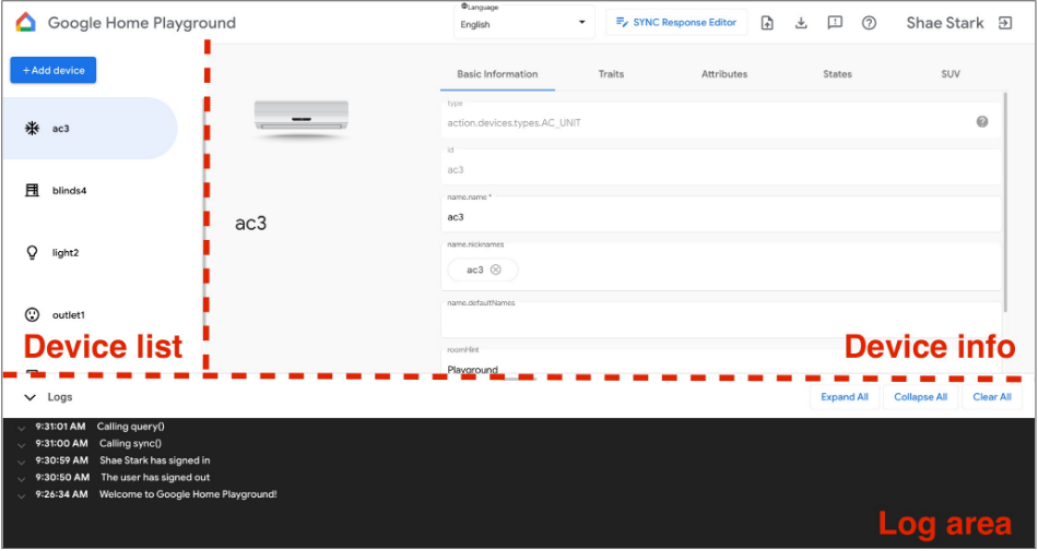 Auf diesem Bild sind die Geräteliste, die Geräteinformationen und der Logbereich der Standardansicht von Google Home Playground zu sehen.